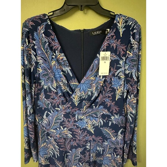 NWT‎ Lauren Ralph Lauren Floral Jersey Dress Sz 14 Stretch Navy Blue Long Sleeve - Picture 2 of 12